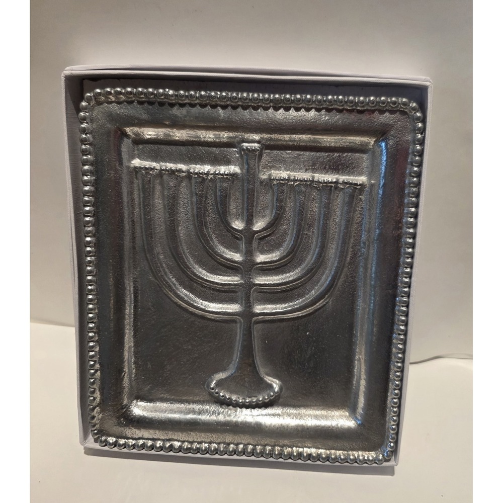 Mud Pie Silver Serving Tray Menorah Textured 7.5" x 9"  Hanukkah New Gift Box